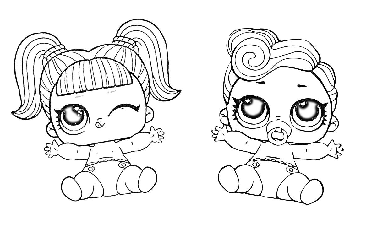 Раскраска Две сидящие куклы ЛОЛ: одна с двумя хвостиками, другая с кок и соской