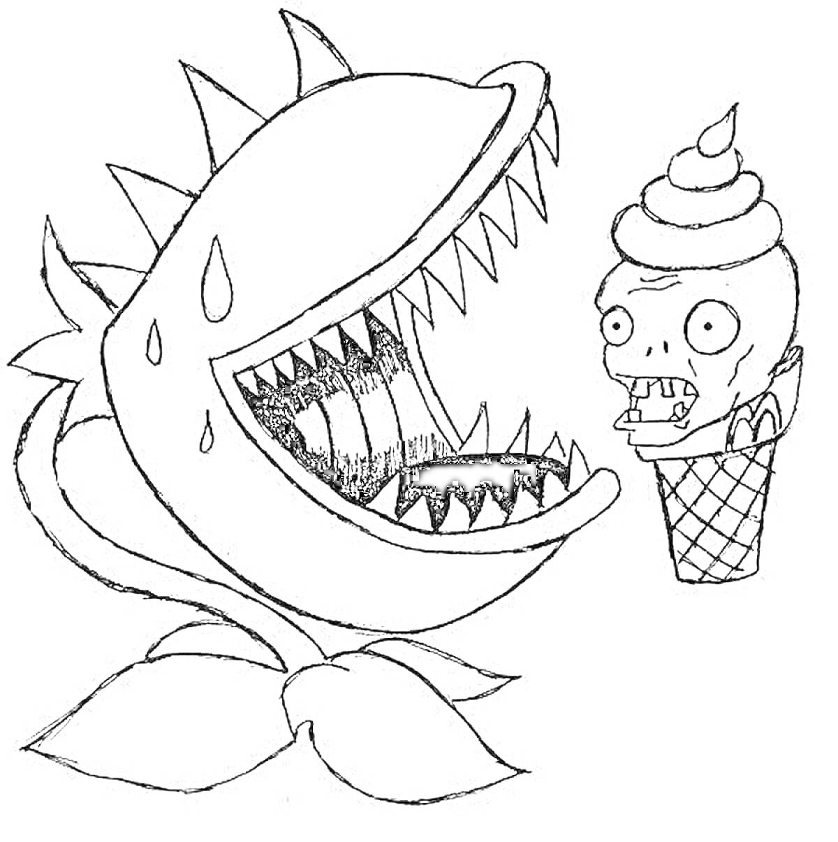 На раскраске изображено: Растения, Зомби, Мороженое, Большие зубы, Пот, Листья
