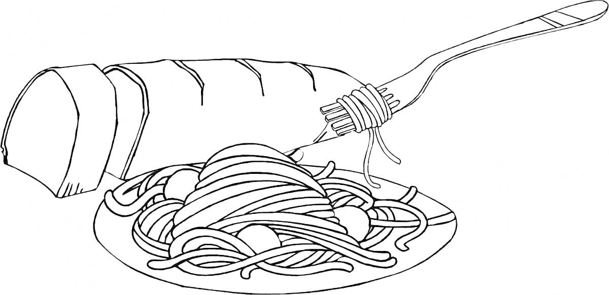 Раскраска Спагетти на тарелке с кусочком хлеба и вилкой