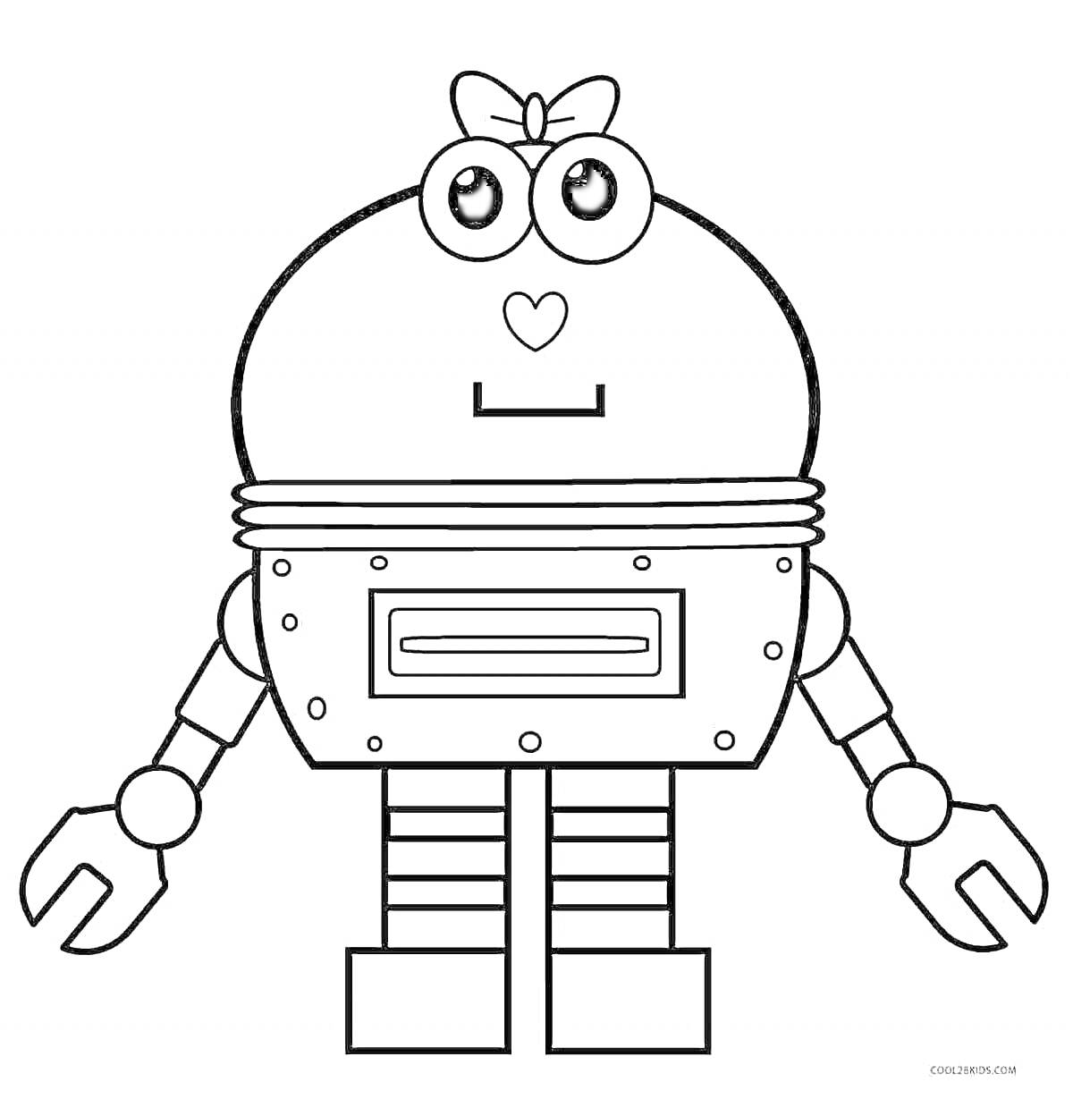 Раскраска Робот с бантиком, сердечком на лице и круглыми глазами
