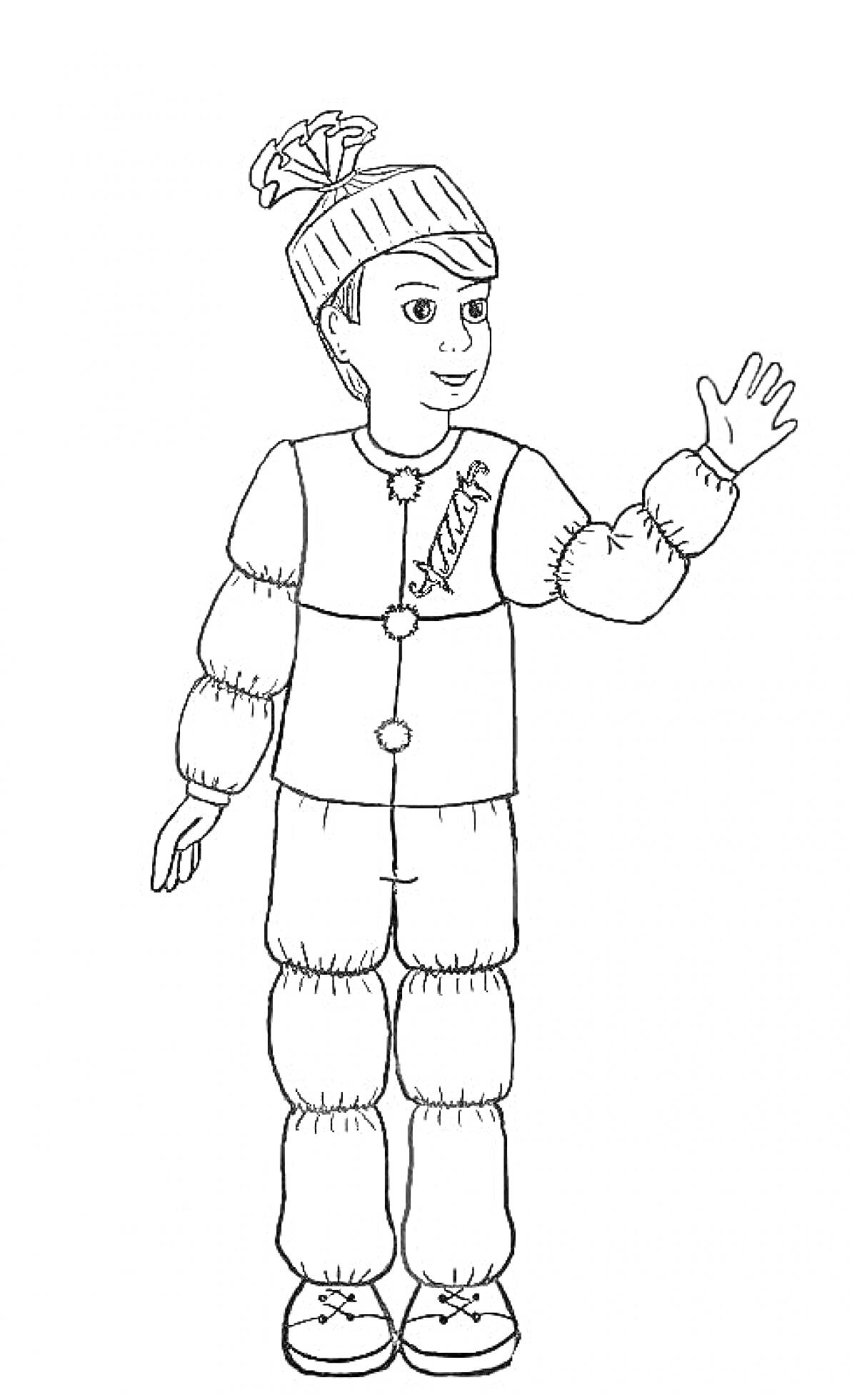 Раскраска Человек в костюме хлопушки: шапка с бантом, пуговицы, рисунок хлопушки на куртке, рука поднята