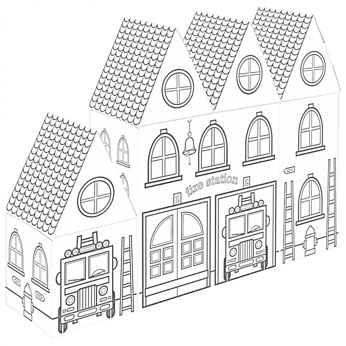 Раскраска Картонный дом-пожарная станция с пожарными машинами, окнами и лестницами