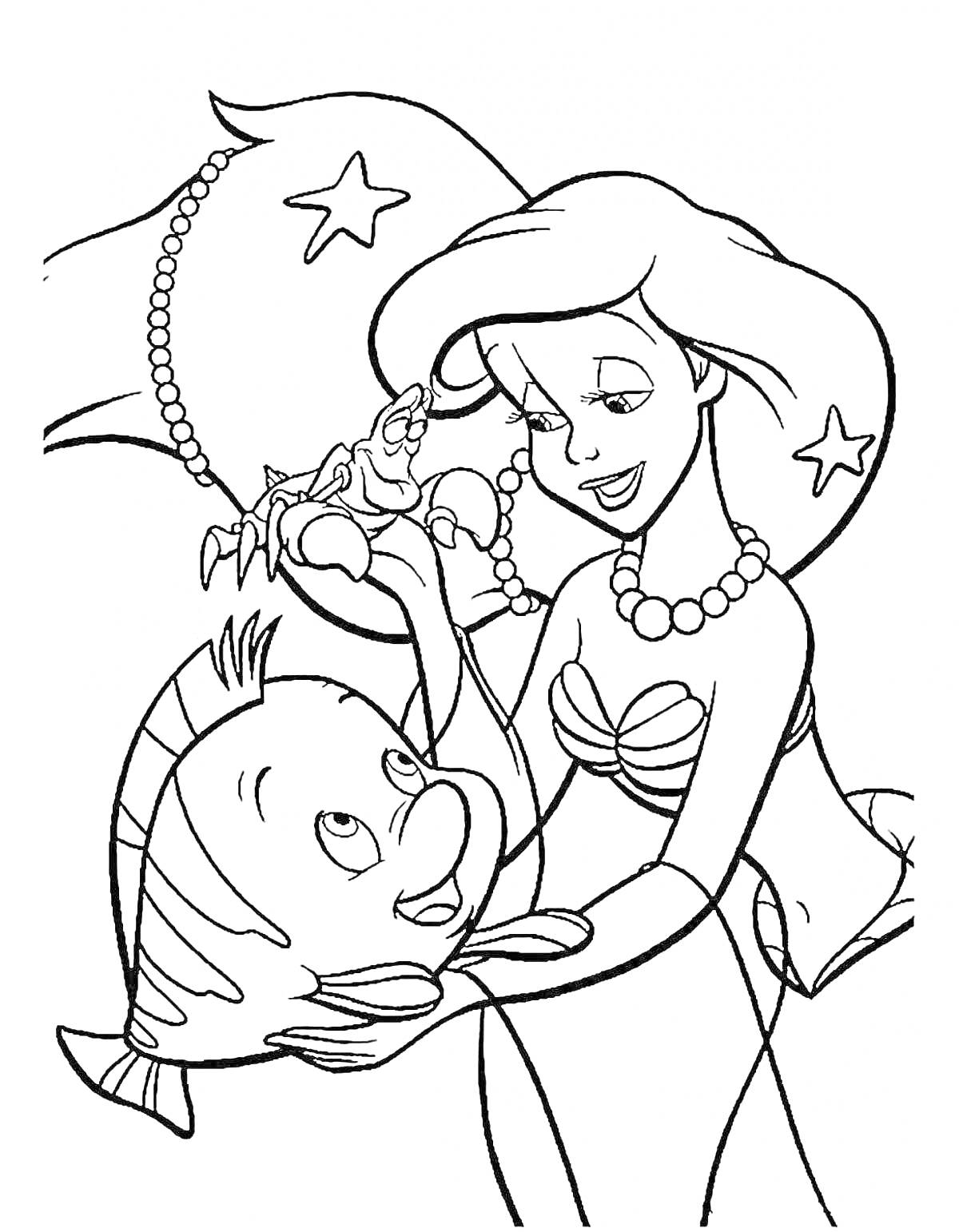 Раскраска Русалка Ариэль с рыбкой и крабом, украшенная звёздочками и ожерельем.