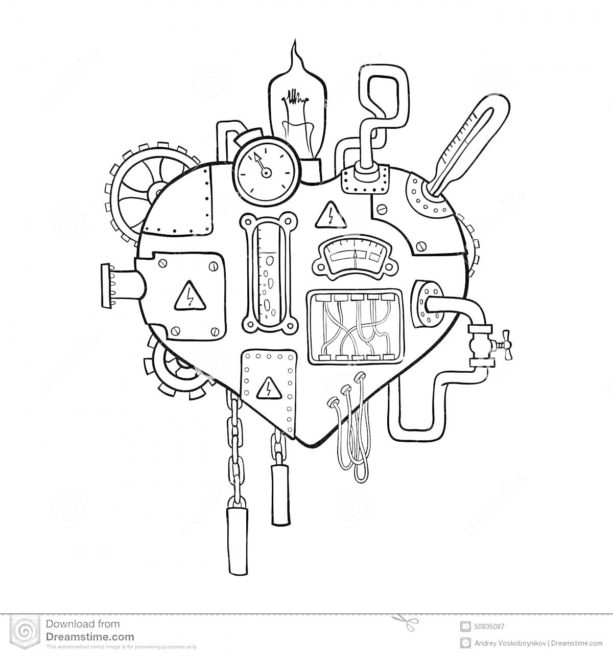 Раскраска Механическое сердце с вентилем, манометром, цепями, проволокой, лампочкой, проводами, трубами и шестернями