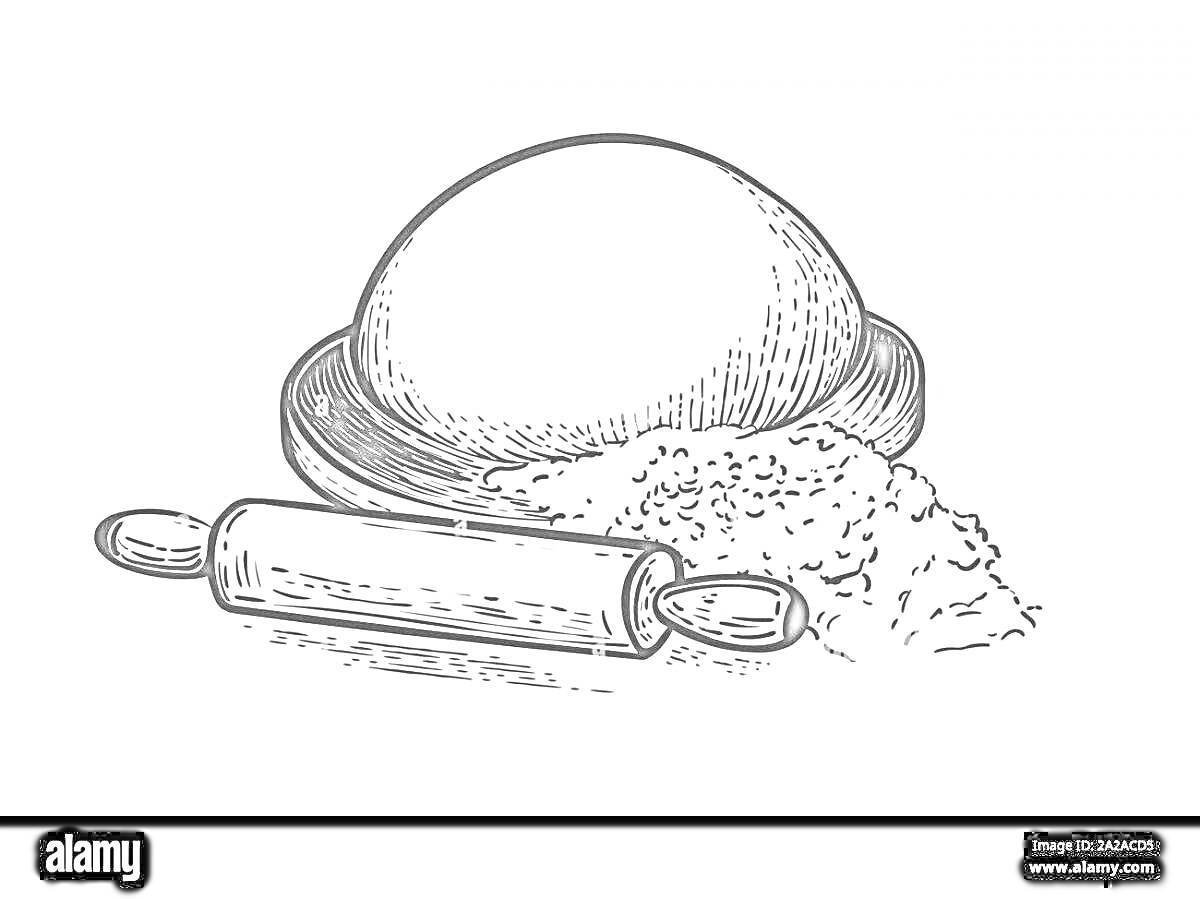 Раскраска Тесто в миске с скалкой и горстью муки