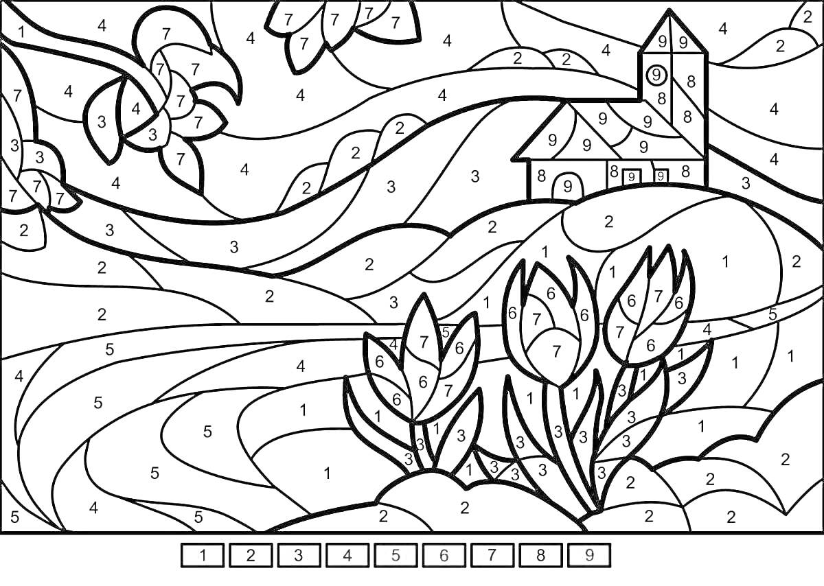 Раскраска Дом с башней, природа с цветами и холмами