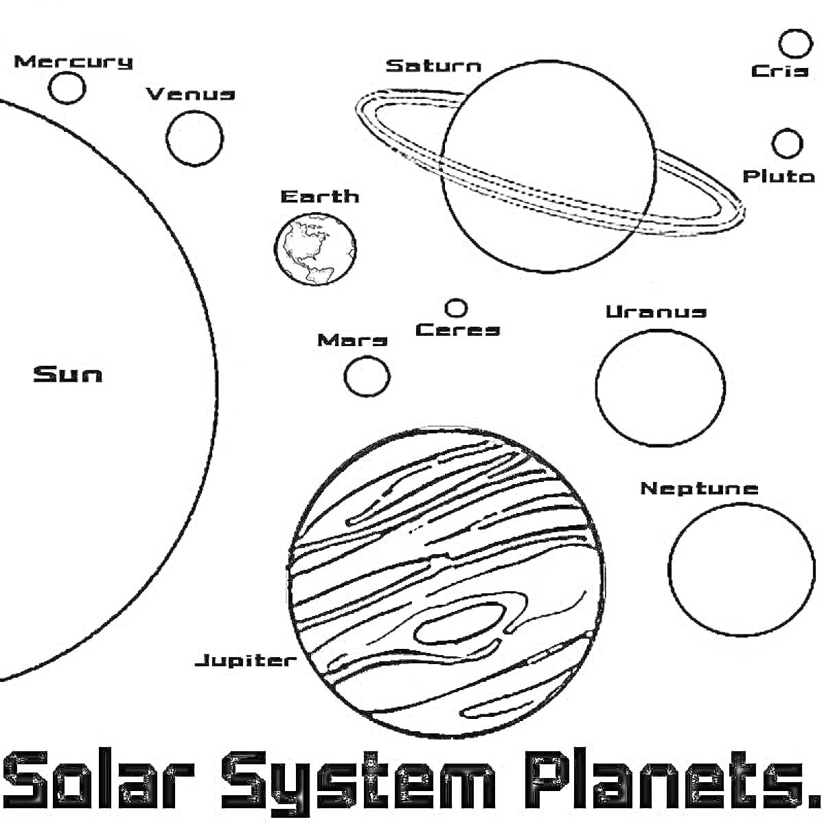 Раскраска Все планеты Солнечной системы, включая Солнце и пояс астероидов (Церера), на одном изображении: Солнце, Меркурий, Венера, Земля, Марс, Церера, Юпитер, Сатурн, Уран, Нептун, Плутон
