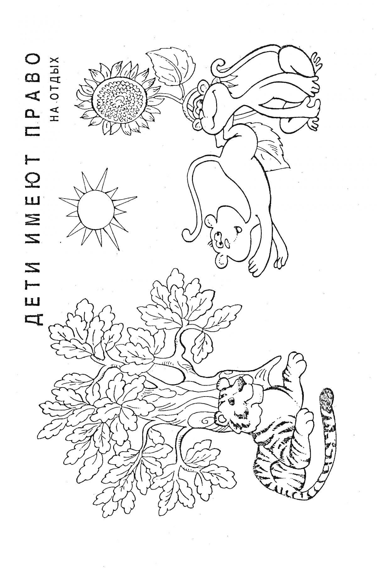 На раскраске изображено: Права детей, Отдых, Природа, Тигр, Обезьяны, Солнце, Листья