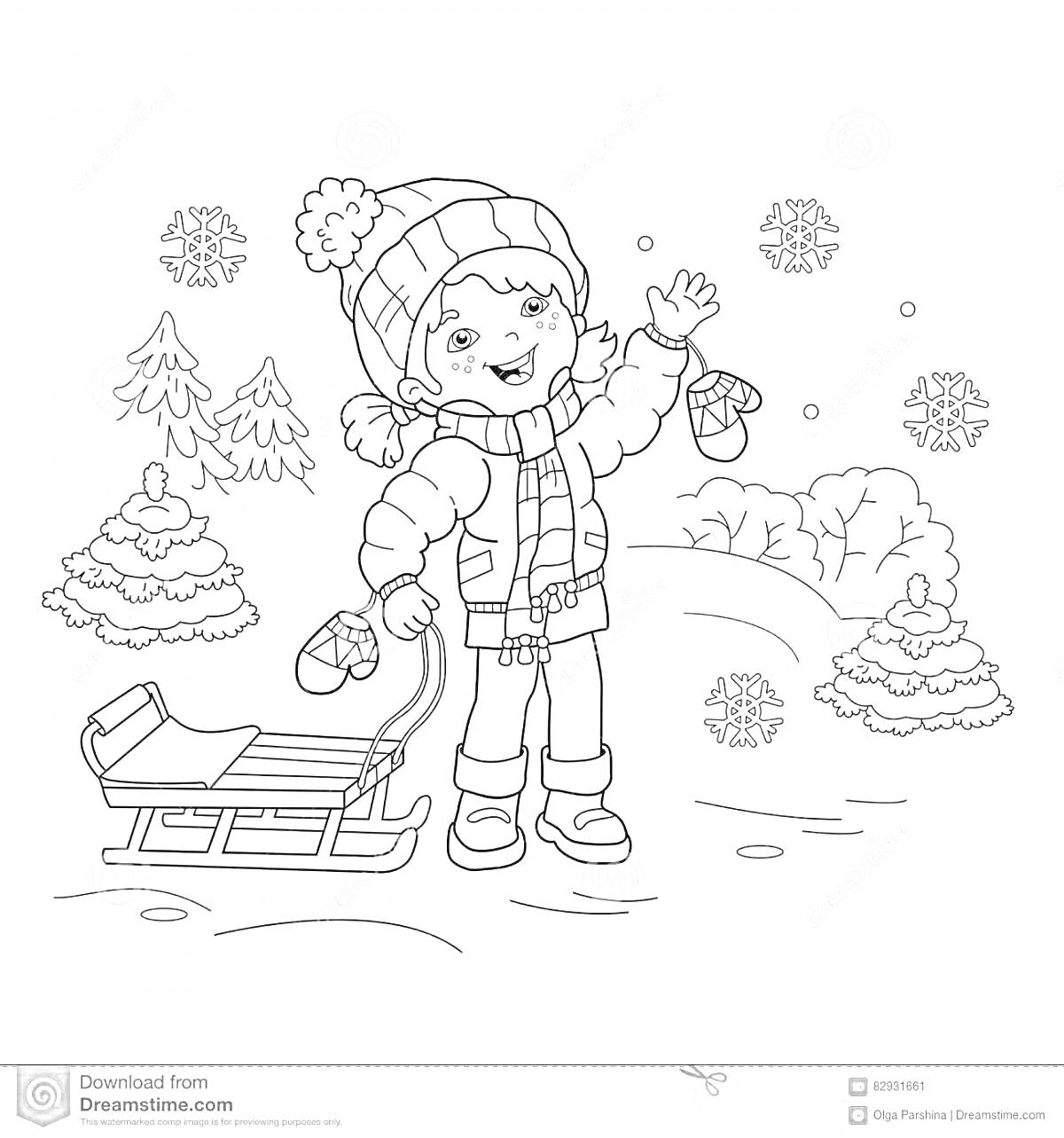 На раскраске изображено: Девочка, Зима, Деревья, Снег, Снежинки, Снеговики, Шарф, Шапка