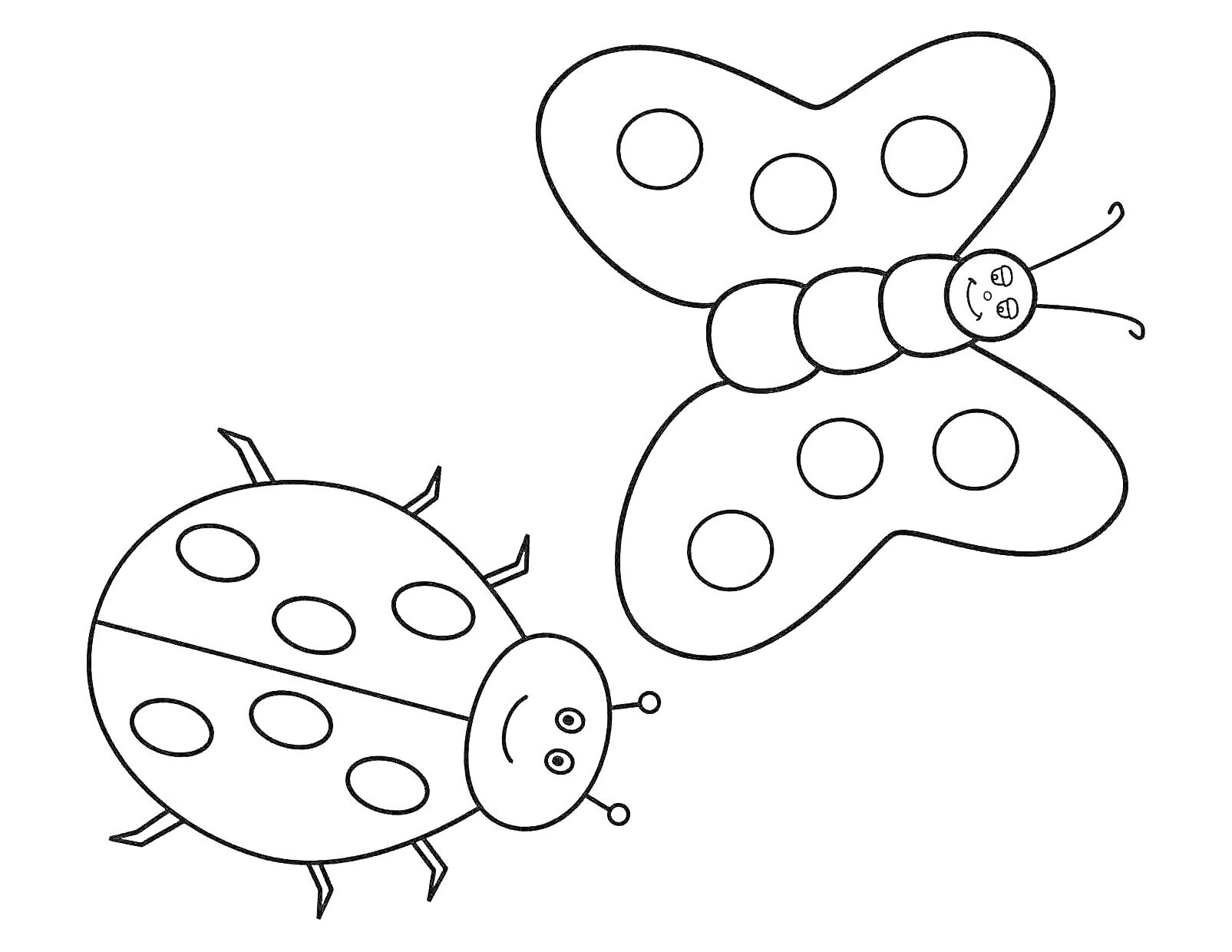 Раскраска Божья коровка и бабочка с кругами на крыльях