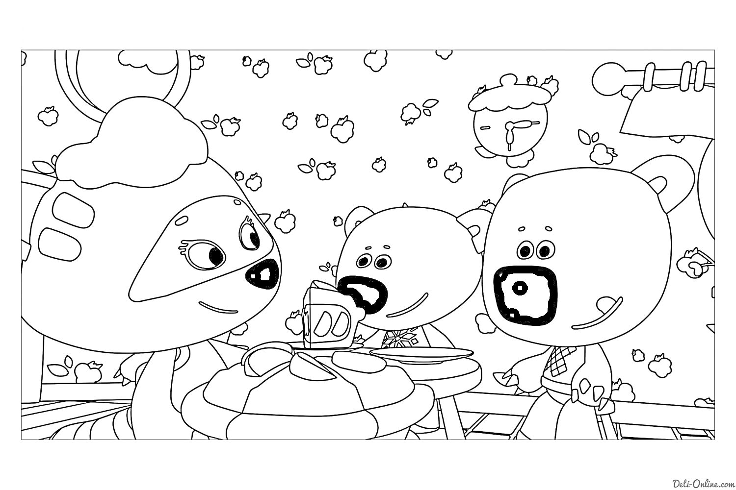 Три мишки (два белых медведя и одна медведица) в кафе, украшенном обоями с яблоками, большая муха, форма каштана на стене