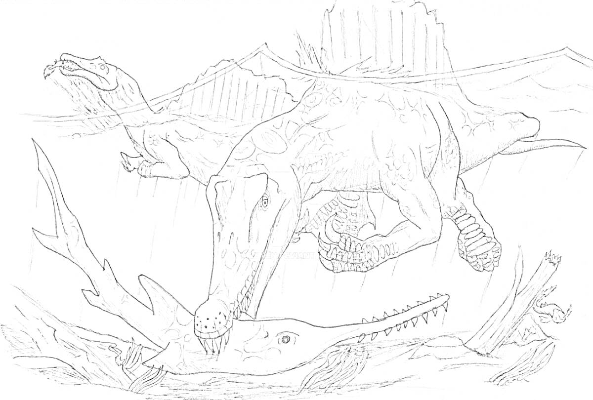 Спинозавр и ихтиозавр под водой среди затонувших бревен
