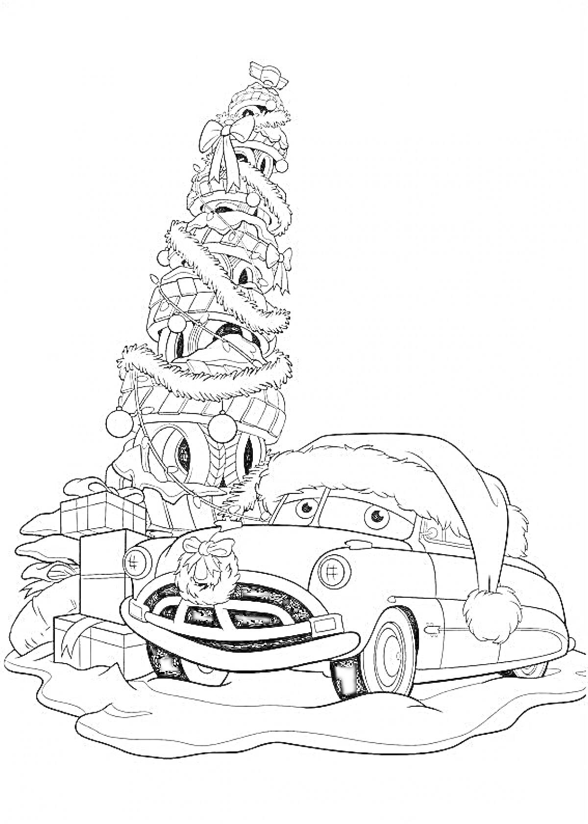 На раскраске изображено: Рождественская елка, Украшения, Шары, Шапка Санты, Подарки, Снег, Праздничное настроение