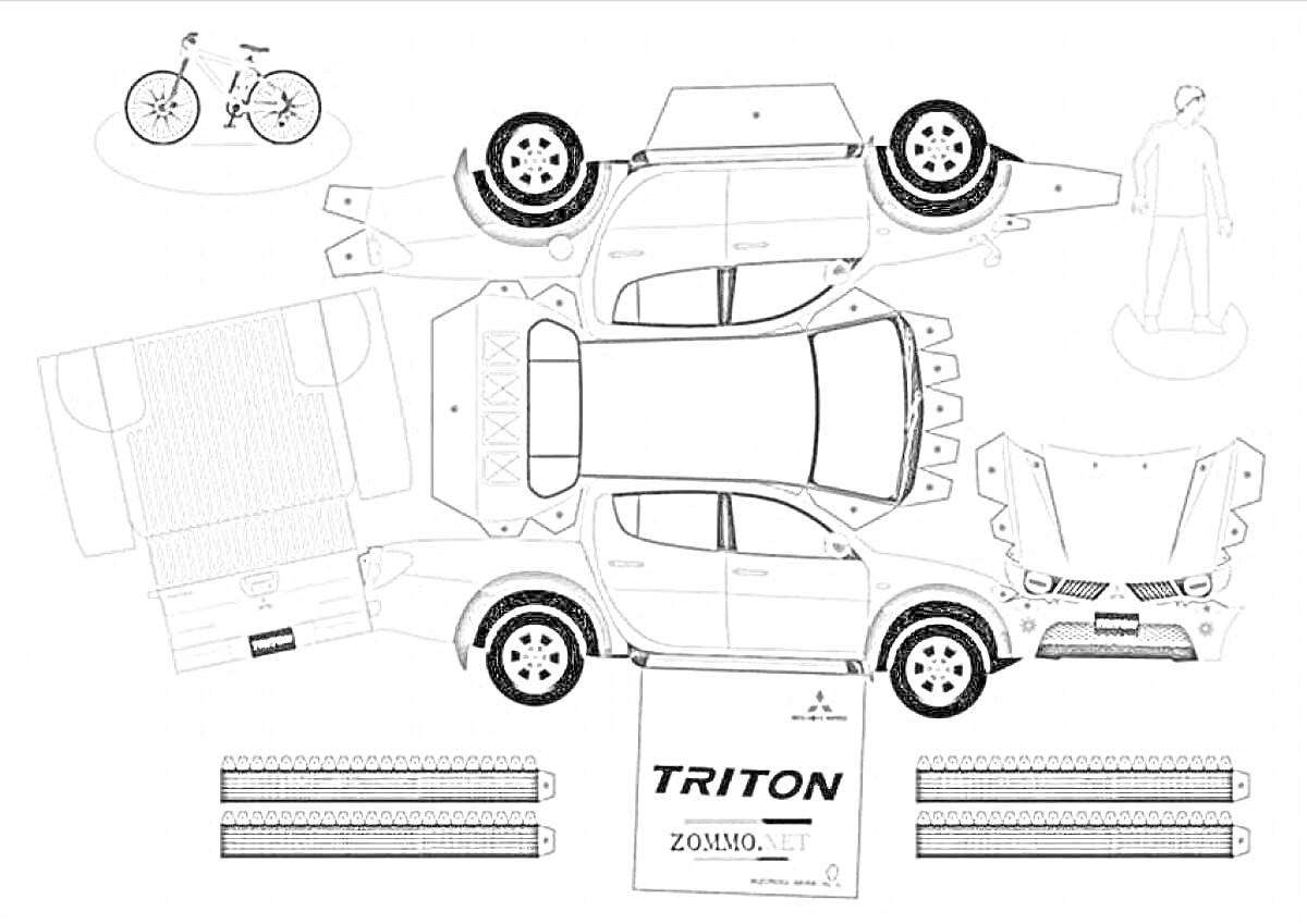 Раскраска Бумажная модель машины Triton, включает все элементы для сборки (кузов, колеса, крышу, наклейки и т.д.)