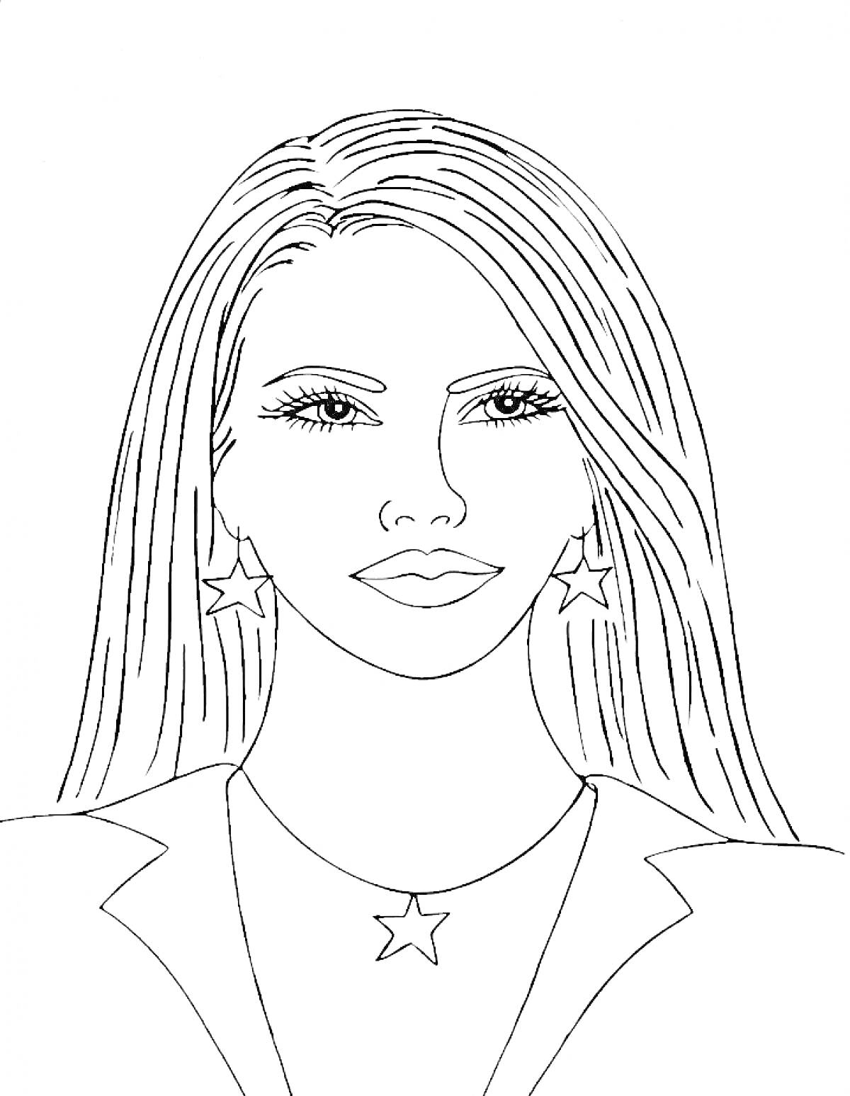 Раскраска Женщина с макияжем, серьгами-звёздами и ожерельем в пиджаке