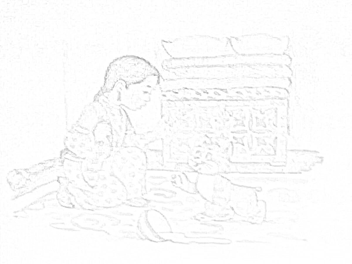 На раскраске изображено: Девочка, Игра, Восточный стиль, Ковер