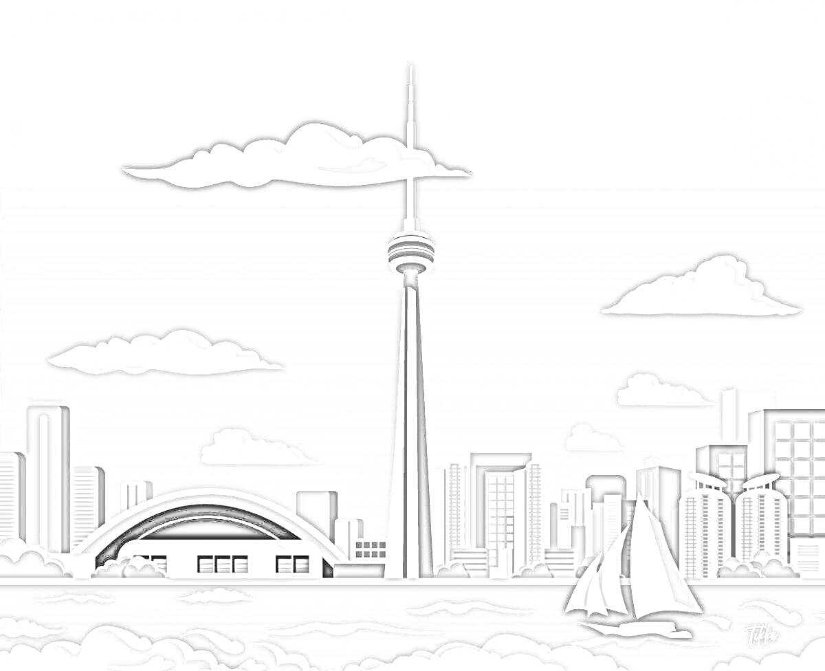 На раскраске изображено: Городской пейзаж, Небоскребы, Облака, Парусное судно, Архитектура, Вид на город
