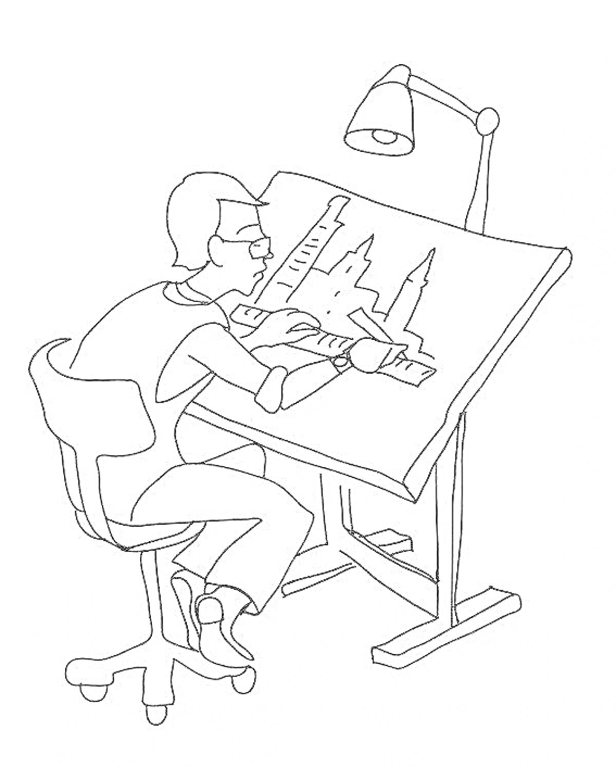 Раскраска Человек за рабочим столом с чертёжной доской, лампой и линейками