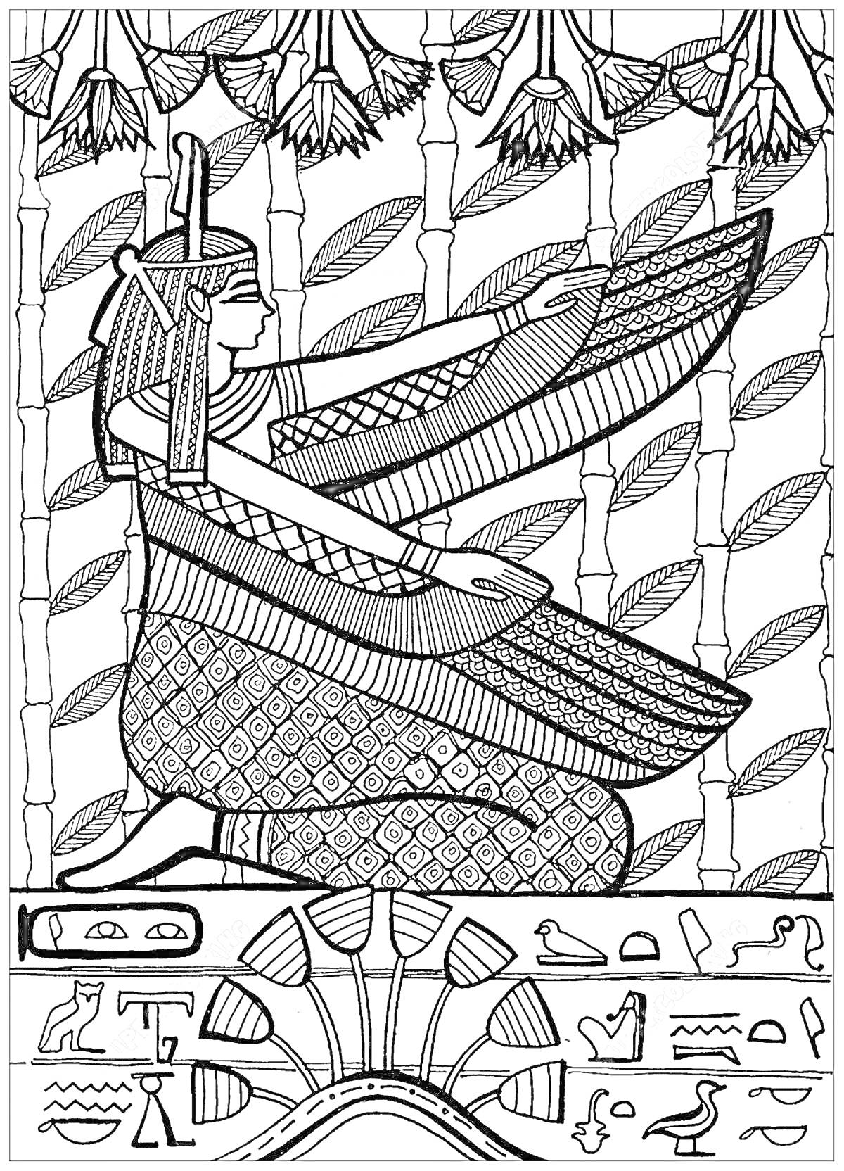 Египетская богиня, женщина в традиционном одеянии с разнесёнными крыльями, стоящая на платформе с иероглифами, на фоне папирусов и цветов лотоса