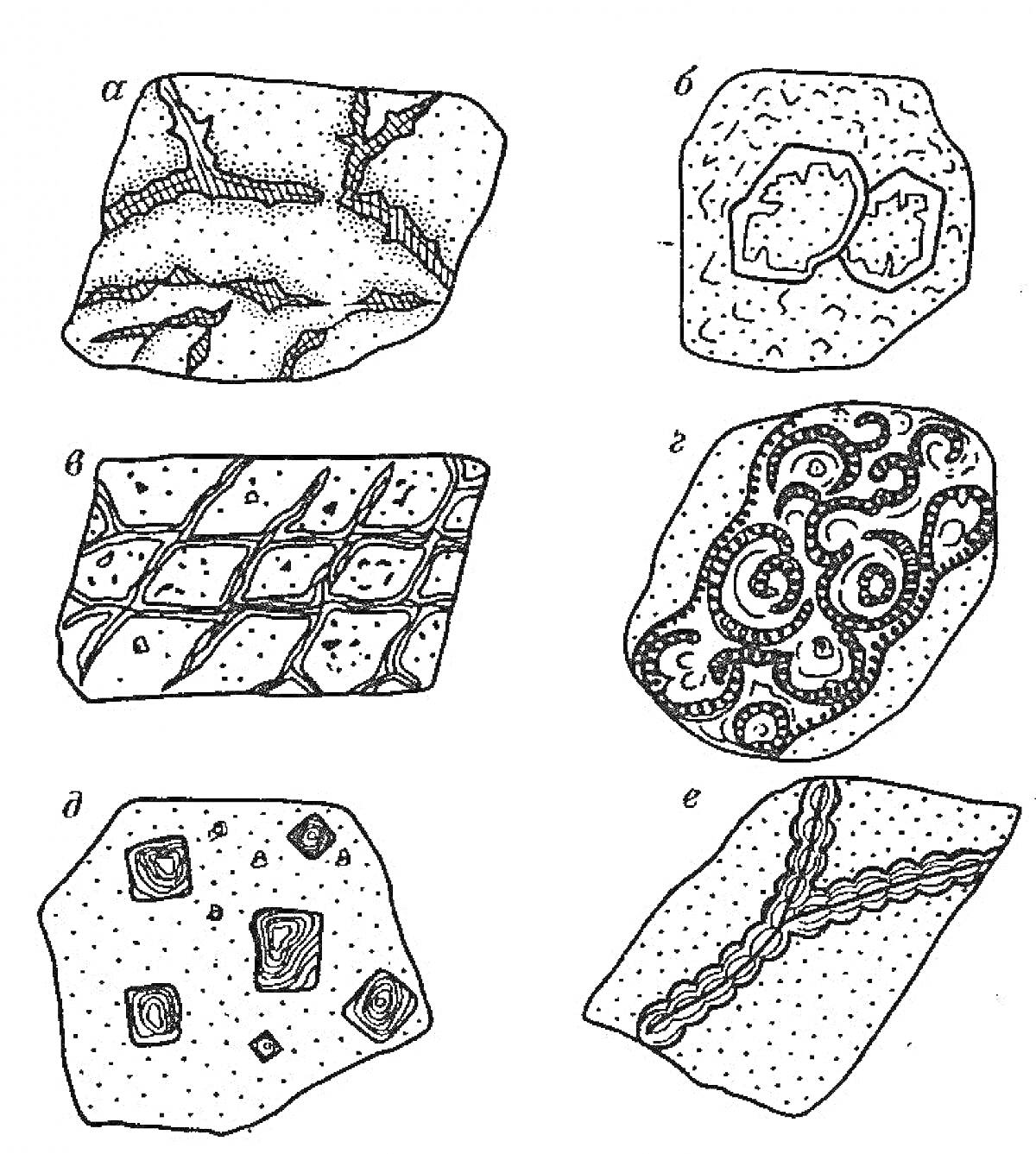 Образцы полезных ископаемых. Элементы на фото:a) Образец с неоднородной структурой и трещинамиб) Фрагменты камня с внедрёнными элементамив) Камень с сетчатой структуройг) Камень с замысловатым рисунком и узорами д) Камень с вкраплениями кристаллов