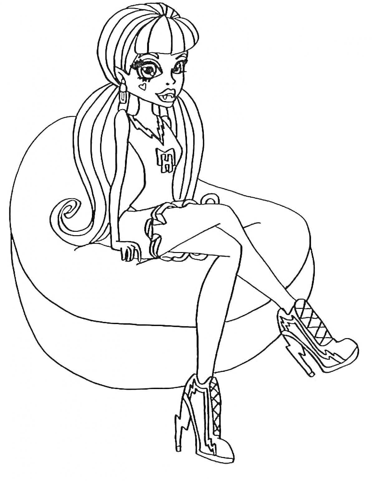 Раскраска Девушка из Монстер Хай с длинными волосами и чёлкой, сидящая на пуфе в туфлях на высоком каблуке