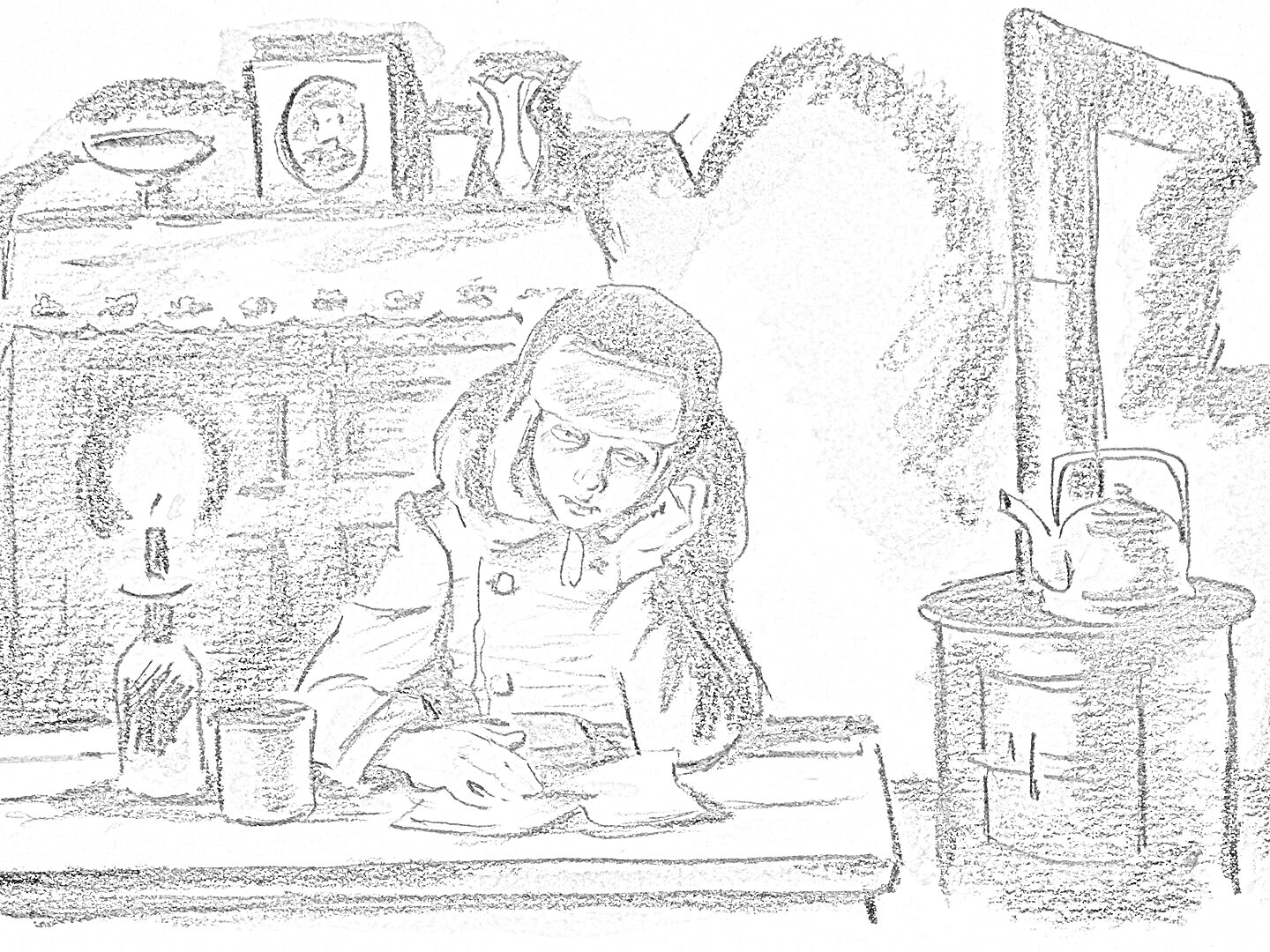Раскраска Ребенок за столом при свечах в блокадном Ленинграде, свеча в бутылке, кружка, графин, кипятильник, портрет на столе