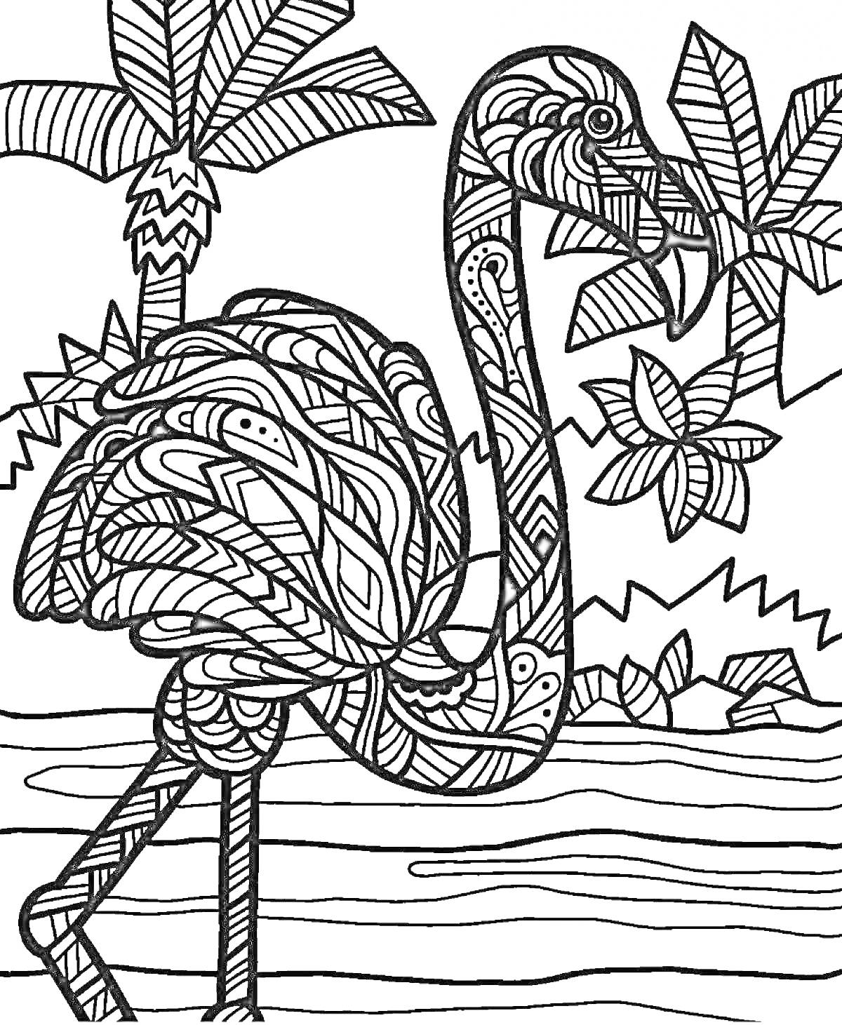 Раскраска Антистресс фламинго с узорами на теле, пальмами и цветами на берегу