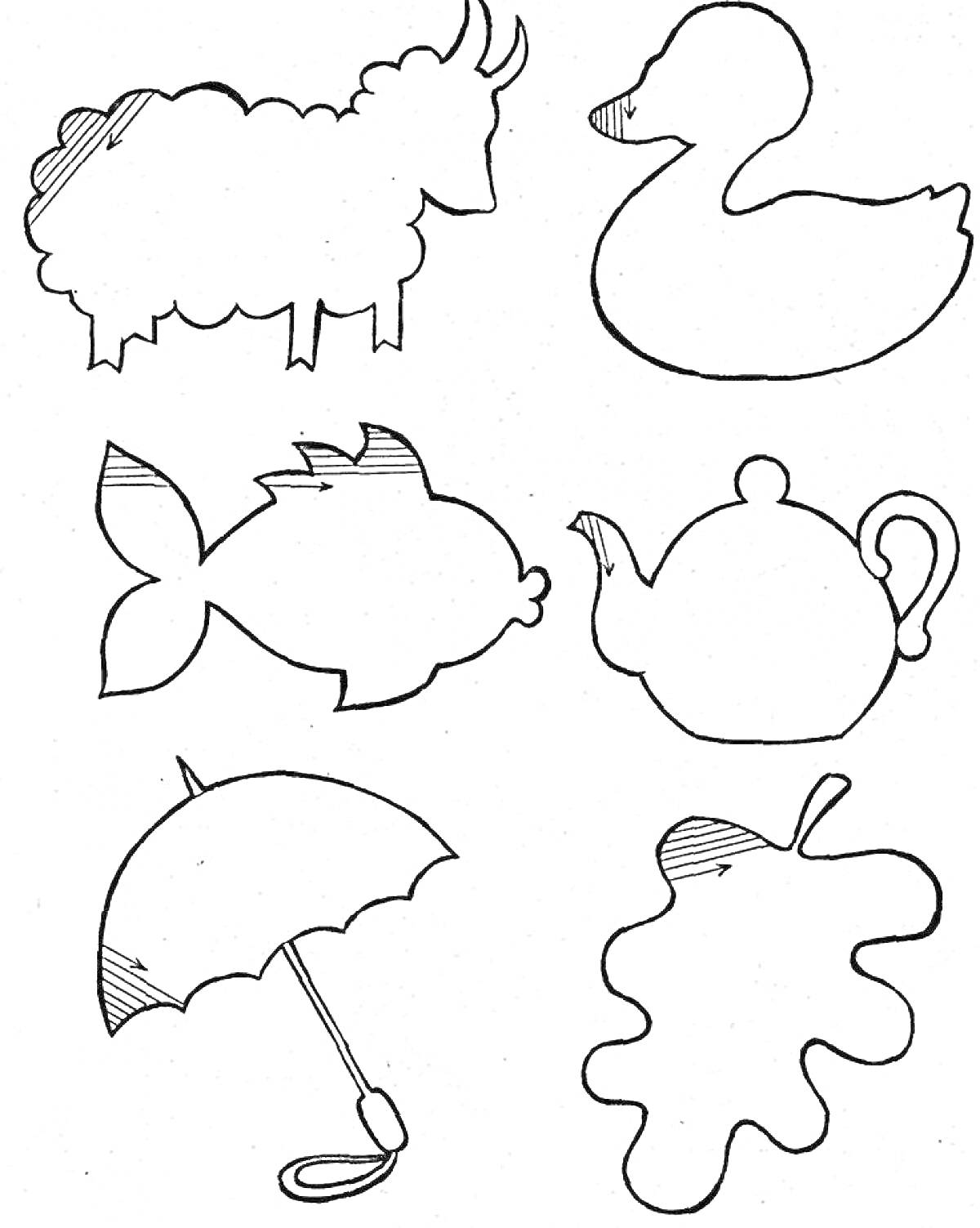 Раскраска с элементами: овца, утка, рыба, чайник, зонт, лист