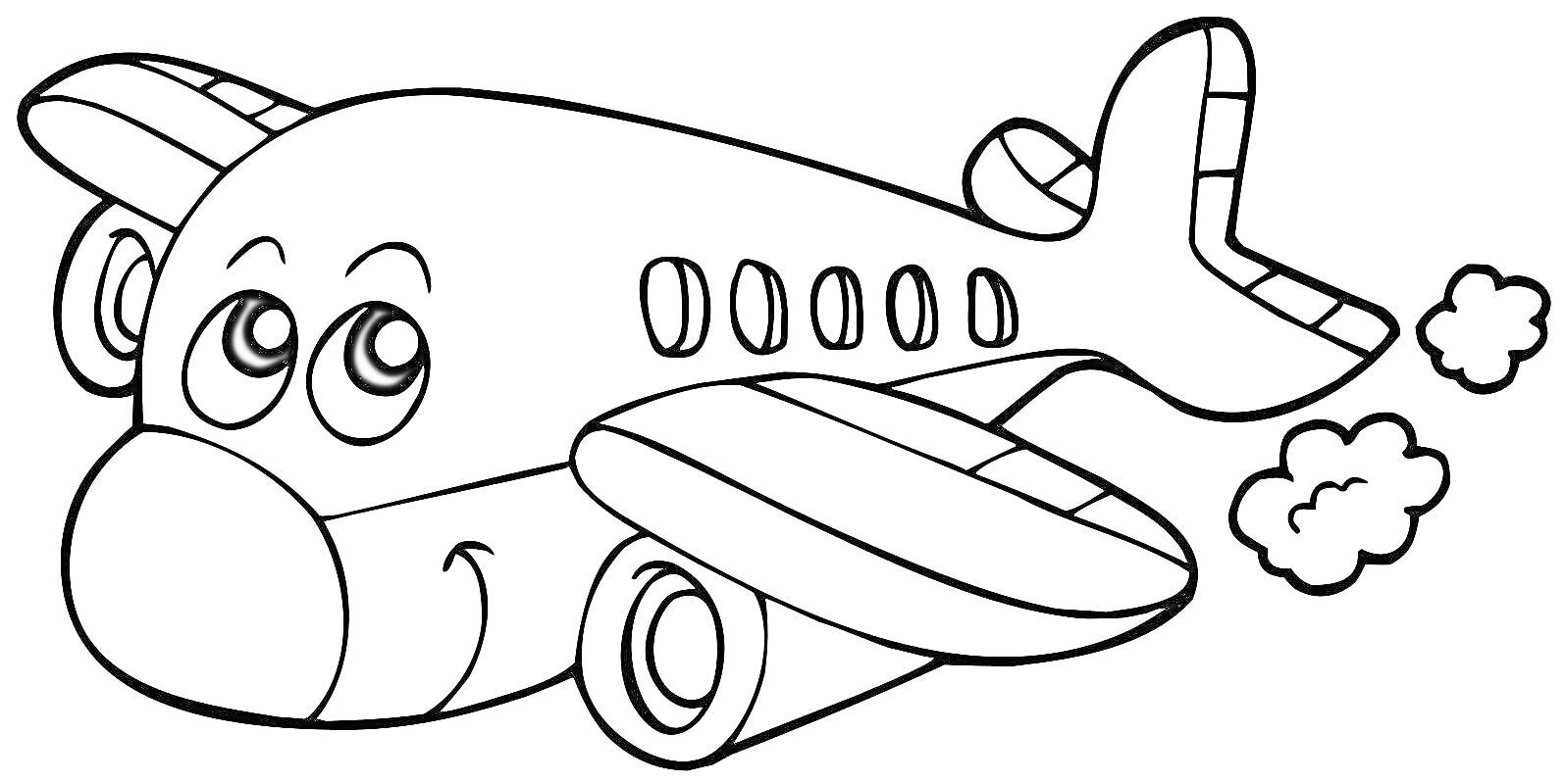 Раскраска Самолет с улыбающимся лицом и паром из двигателя