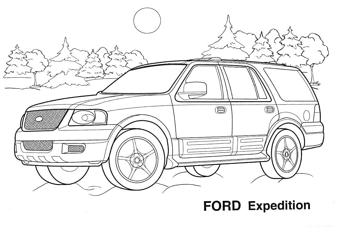 Раскраска Ford Expedition на фоне леса и солнца