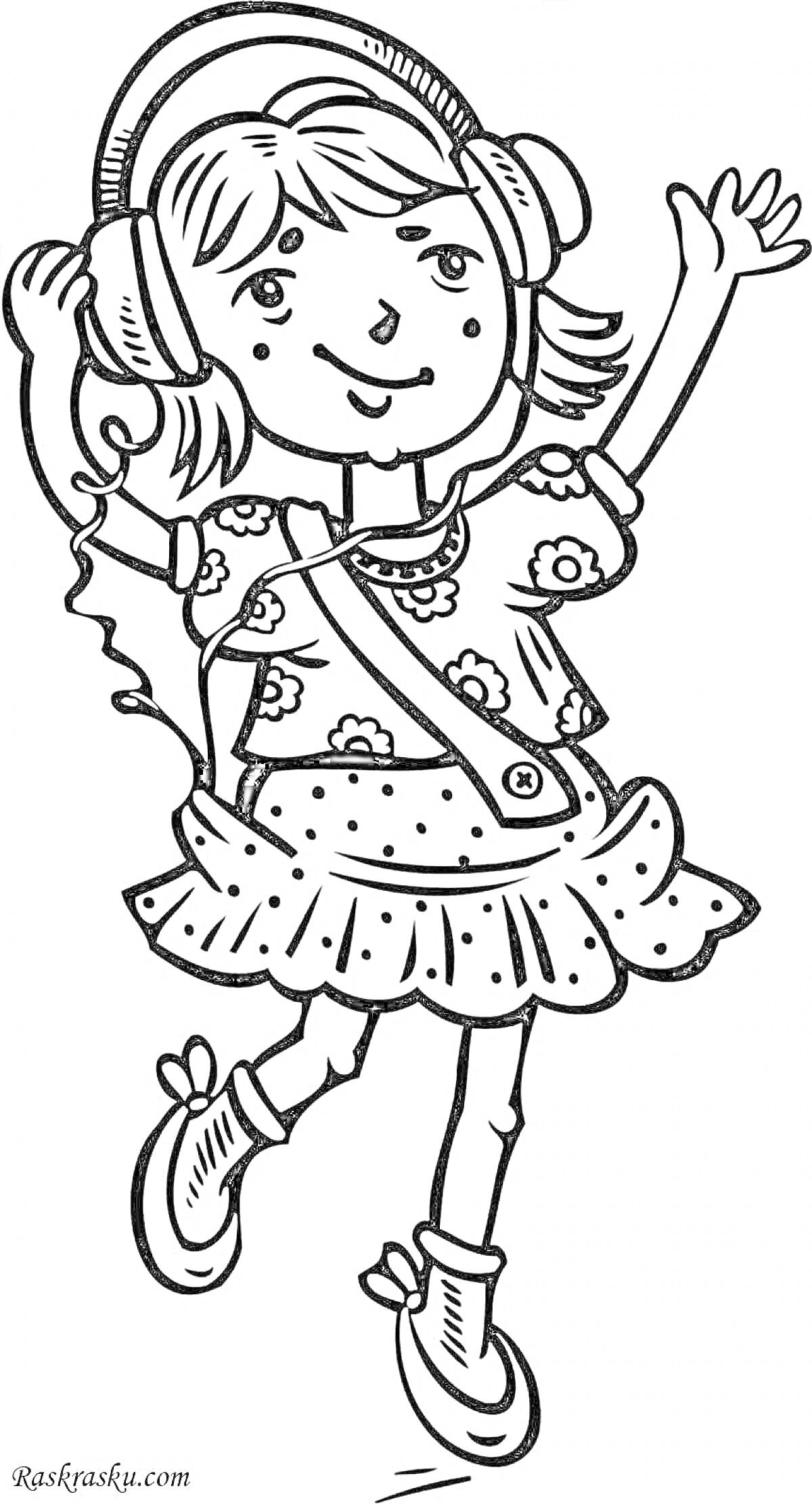 Раскраска Девочка в наушниках в цветастом платьице с сумкой через плечо