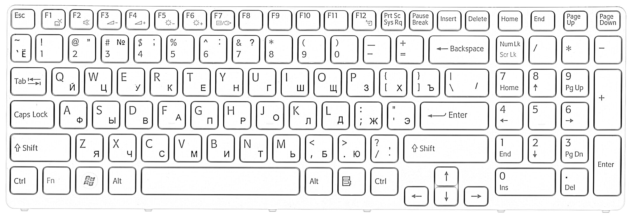 Раскраска Белая клавиатура с раскладкой QWERTY и цифровым блоком