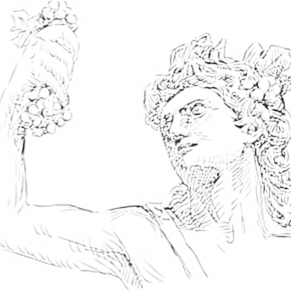 На раскраске изображено: Виноград, Лоза, Древнегреческий бог, Искусство, Мифические существа