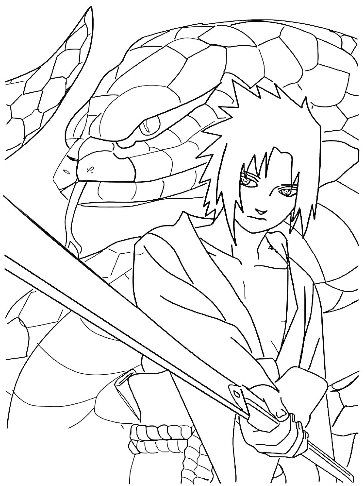 Раскраска Саске Учиха с гигантской змеей и мечом