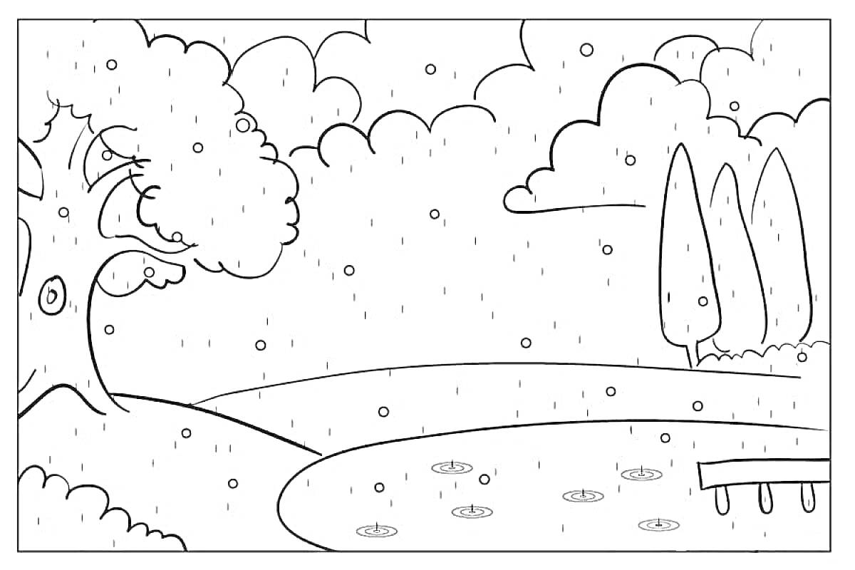 Раскраска Дождливый день в парке с деревьями, прудом и мостиком