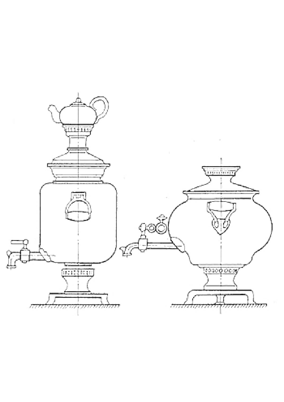 Два вида тульского самовара с краником и ручкой для крышки