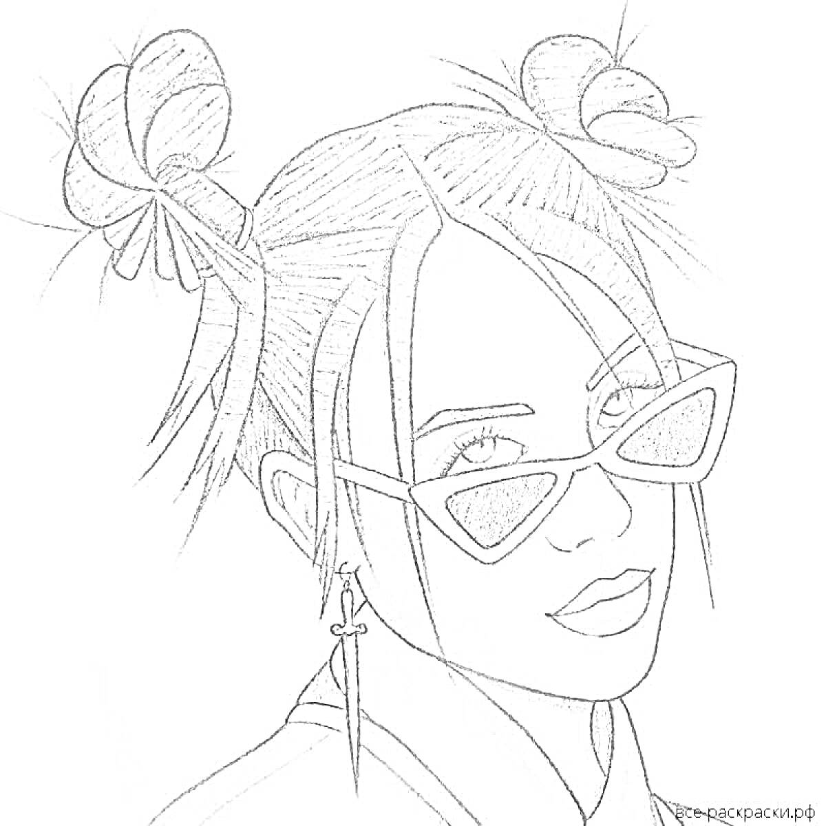 Раскраска Девушка с двумя пучками и очками на голове в стиле карнавал