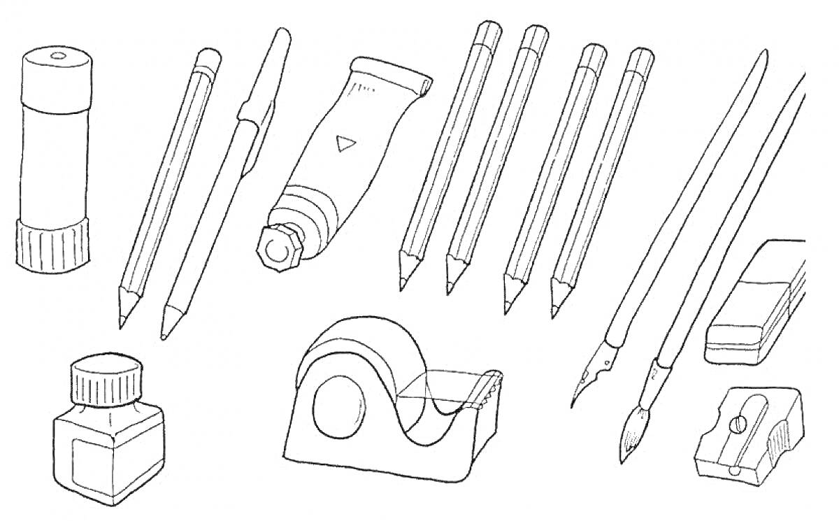 Клейкий карандаш, два карандаша, маркер, тюбик с клеем, три карандаша, кисть, шариковая ручка, канцелярский зажим, чернильница, диспенсер для скотча, два фломастера, ластик, точилка