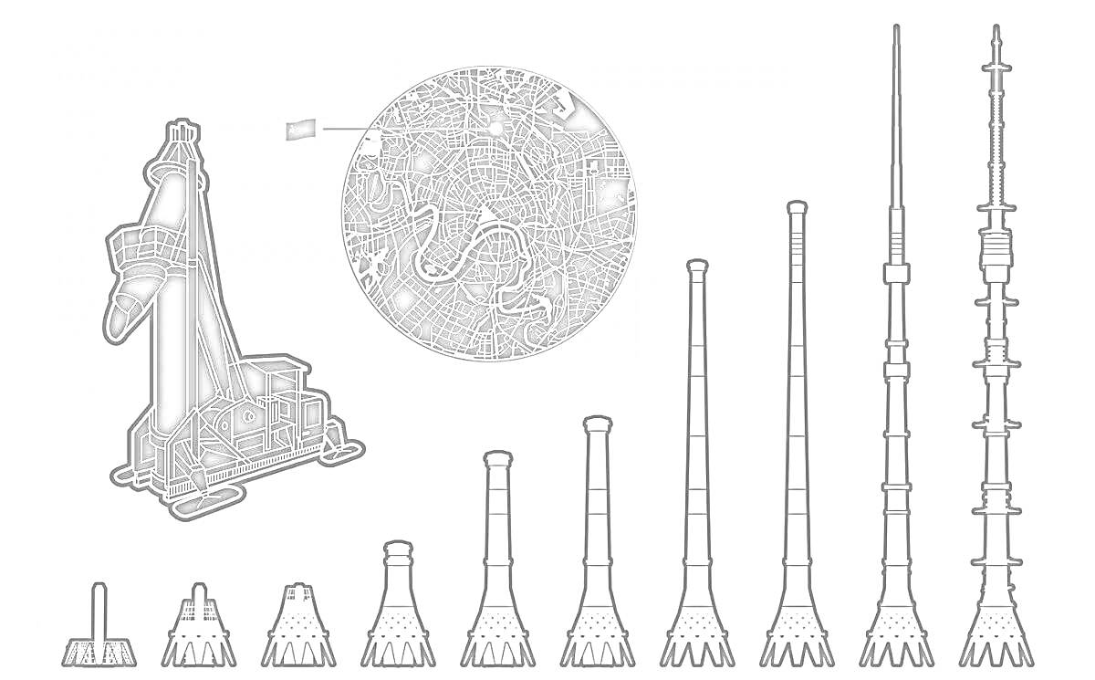 Раскраска Эволюция Останкинской башни с картой Москвы