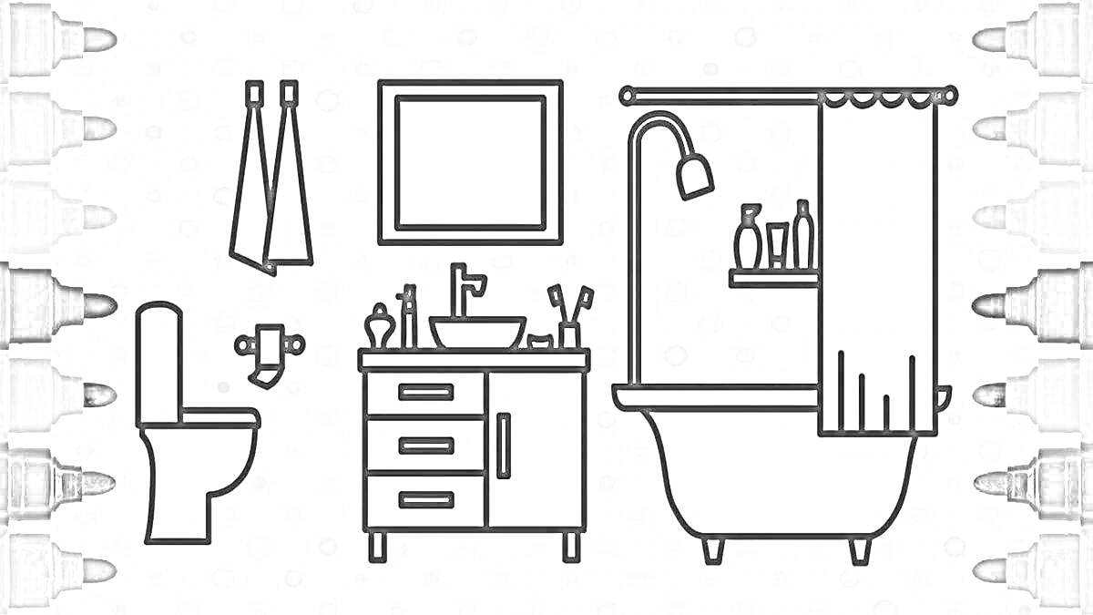 На раскраске изображено: Ванная комната, Унитаз, Зеркало, Раковина, Смеситель, Зубные щетки, Стакан, Флаконы, Ванна, Полочка