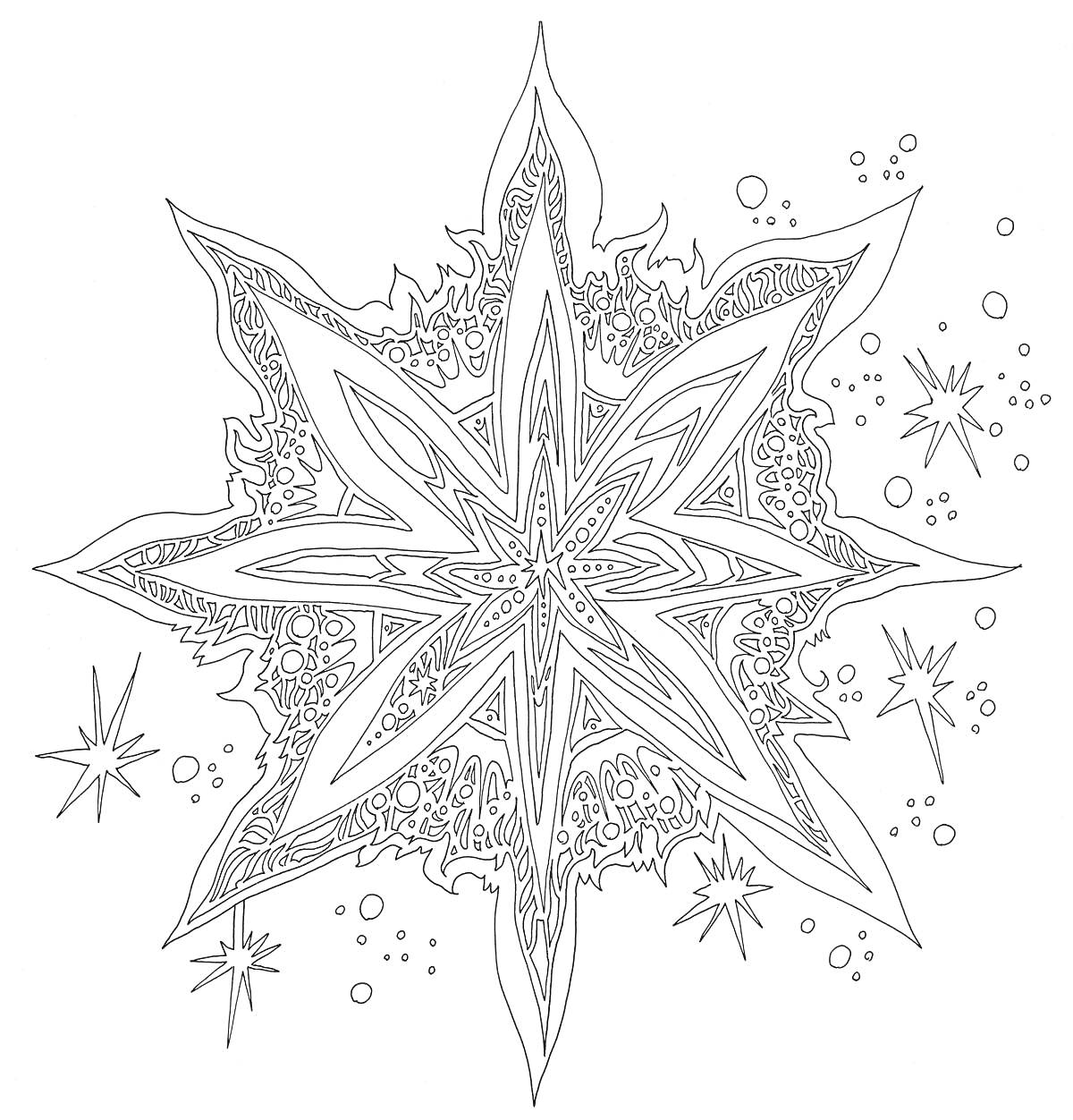 Раскраска Рождественская звезда с узорами и маленькими звездами