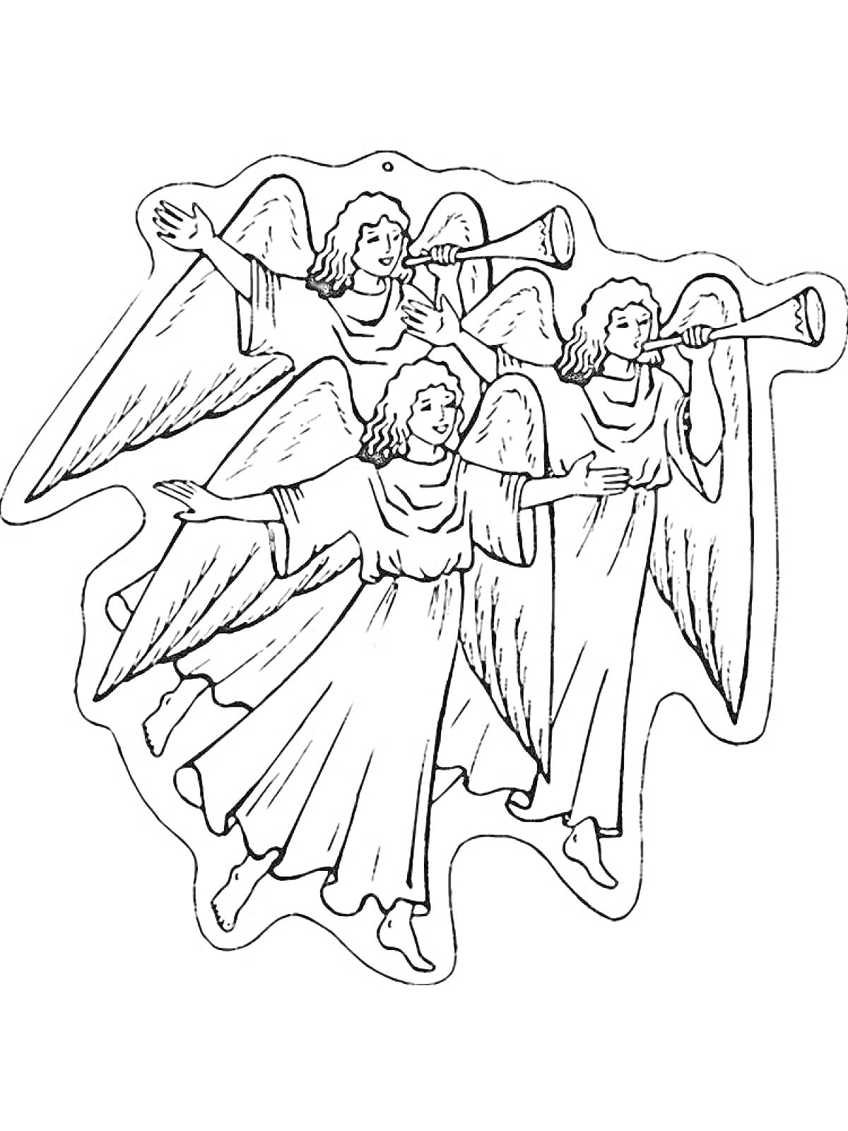 На раскраске изображено: Крылья, Духовность, Религия, Труба, Ангел, Контурные рисунки