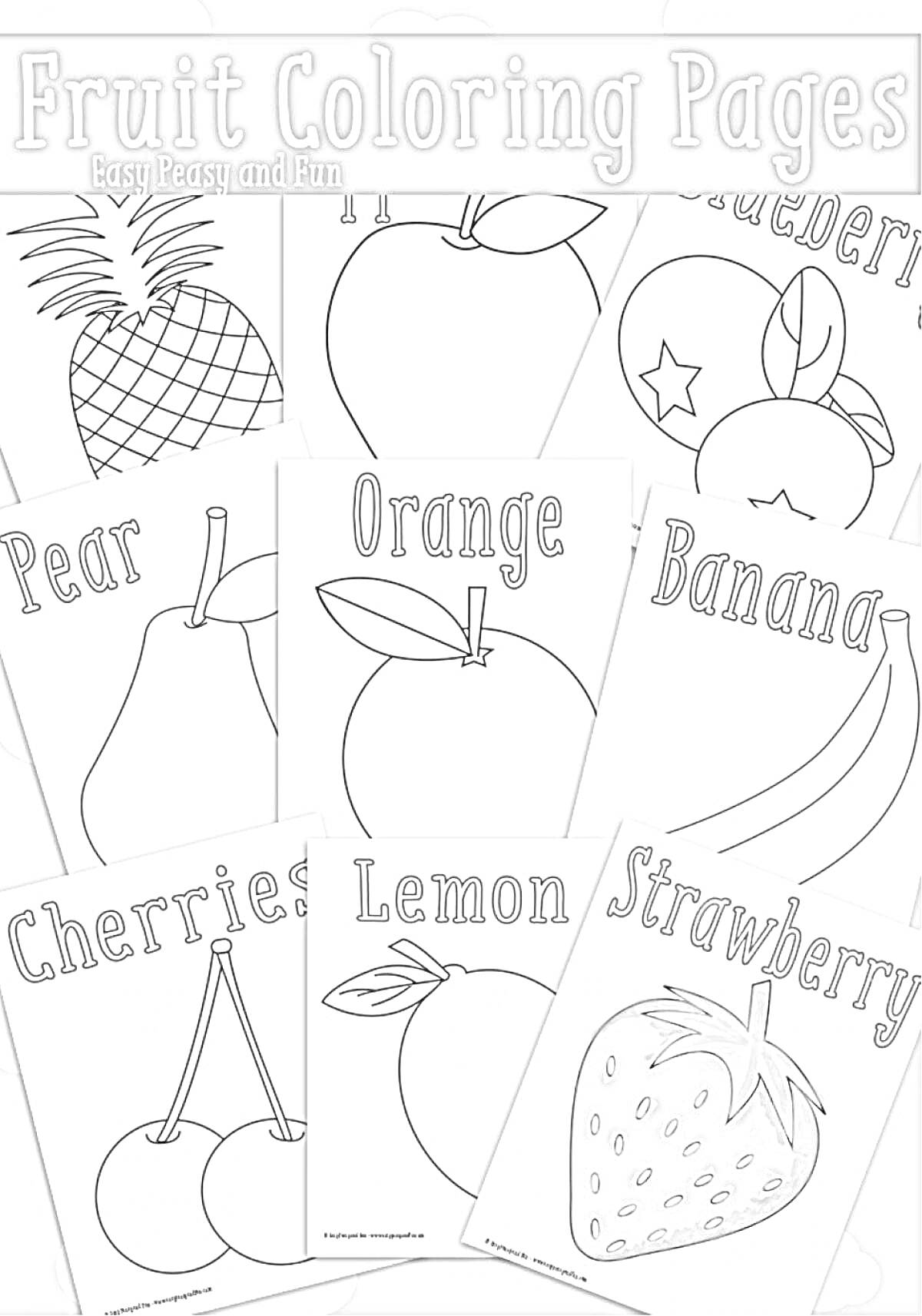 Раскраска Fruit Coloring Pages - Pineapple, Apples, Blueberries, Pear, Orange, Cherries, Lemon, Strawberry