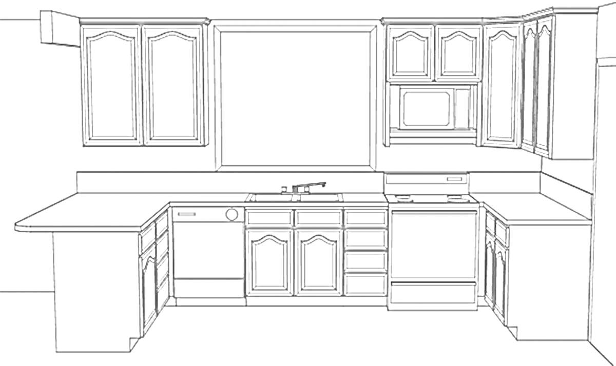 Раскраска Кухонный гарнитур с раковиной, посудомоечной машиной, плитой, верхними и нижними шкафчиками