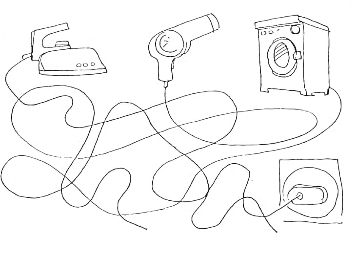 На раскраске изображено: Электроприборы, Утюг, Фен, Стиральная машина, Розетка, Вилка, Кабель, Бытовые приборы