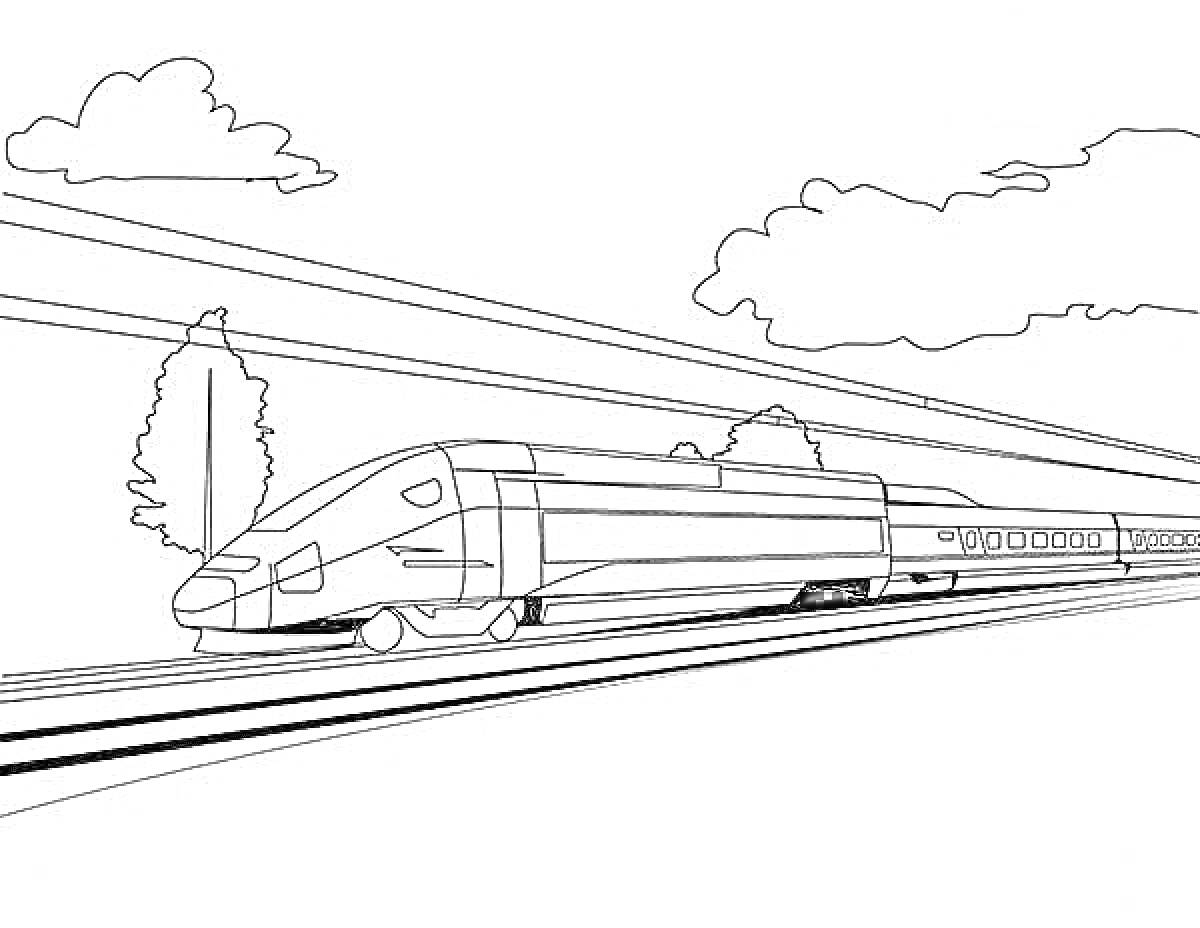На раскраске изображено: Поезд, Ласточка, Железнодорожные пути, Деревья, Облака, Небо, Высокоскоростной поезд