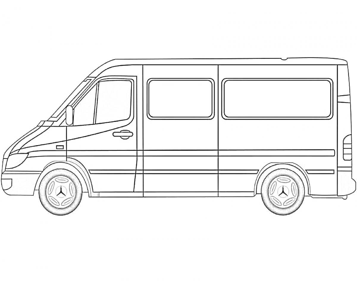 На раскраске изображено: Микроавтобус, Колёса, Транспорт, Окна