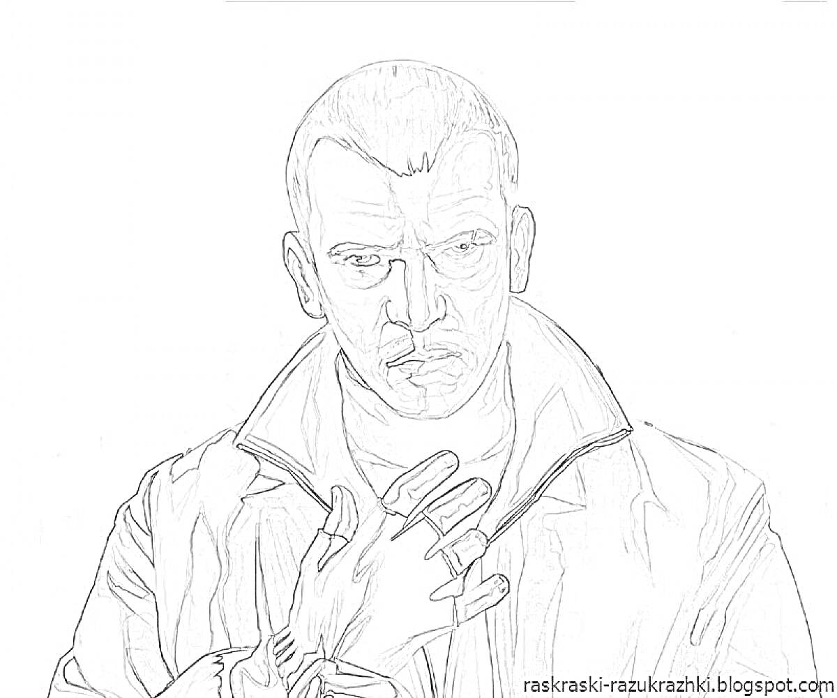 Раскраска Человек в куртке с поднятыми к груди руками