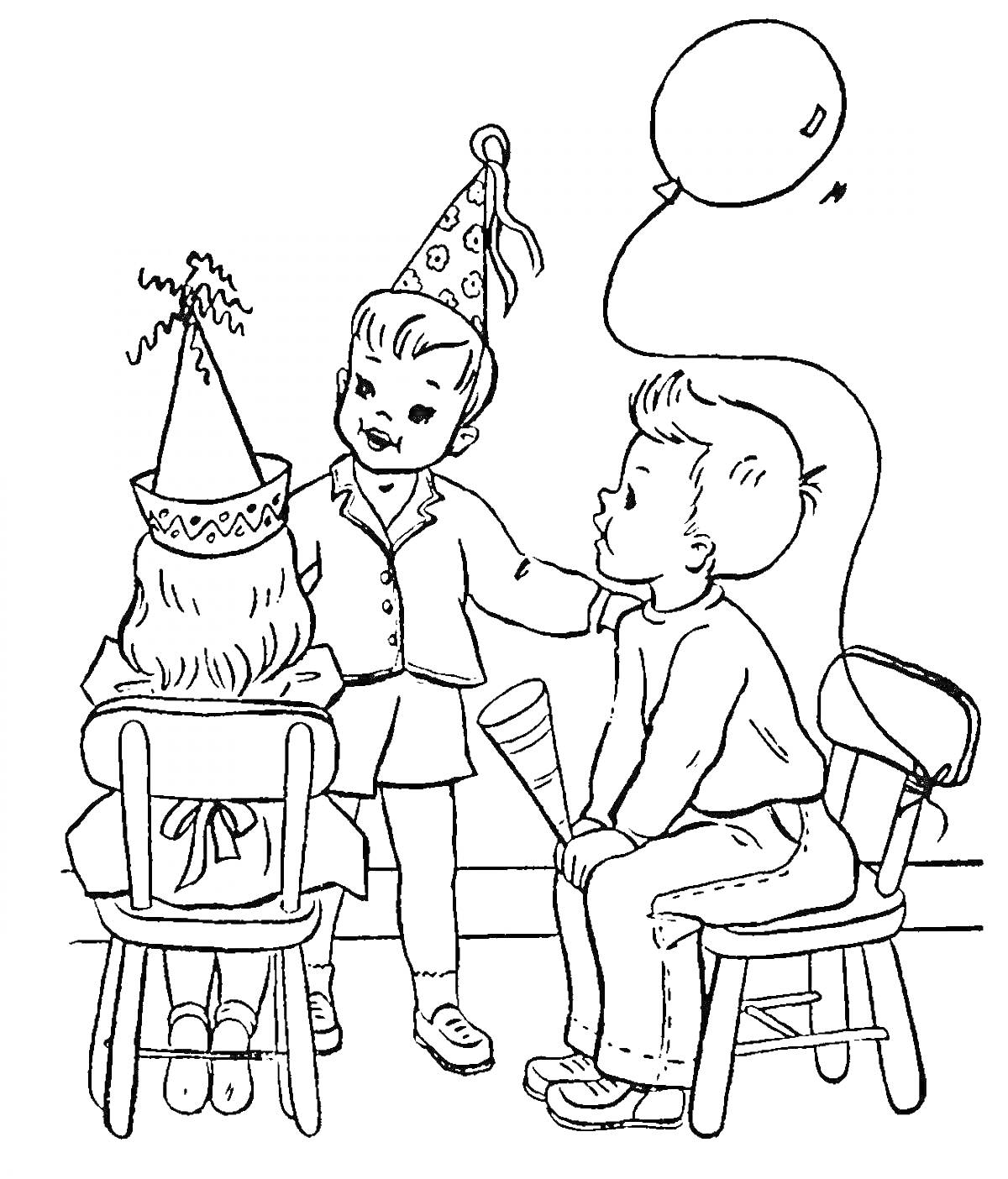 На раскраске изображено: Вечеринка, Дудочка, Веселье, Для детей, Стул, Воздушные шары, Праздники, Шапка