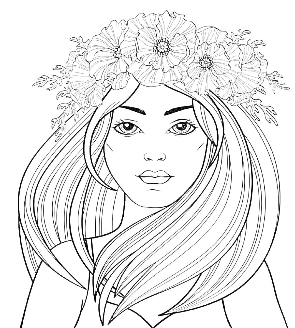 На раскраске изображено: Женщина, Цветочный венок, Длинные волосы, Лицо, Цветы, Линии